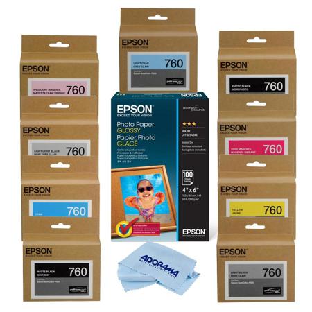 Epson T760 Ultrachrome HD Ink Cartridge Set w/Glossy Paper 4x6",Microfiber Cloth