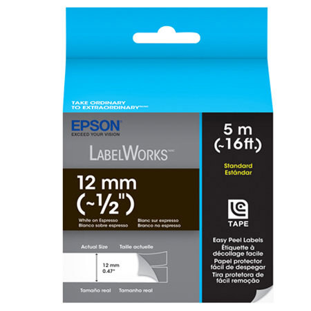 Epson LabelWorks LC-4NWT5 1/2" LC Tape Cartridge, White on Espresso
