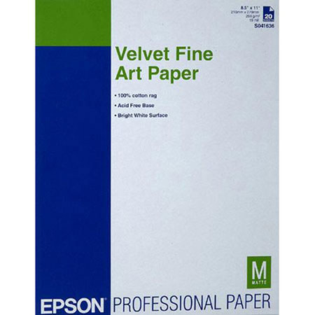 Epson Velvet Velvet Matte Cotton Fine Art Paper (8.5x11"), 20 Sheets