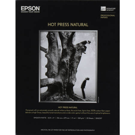 Epson Hot Press Natural Fine Art Smooth Matte Cotton Rag Inkjet Paper, 17 mil., 330 g/m2, 8.5x11", 25 Sheets