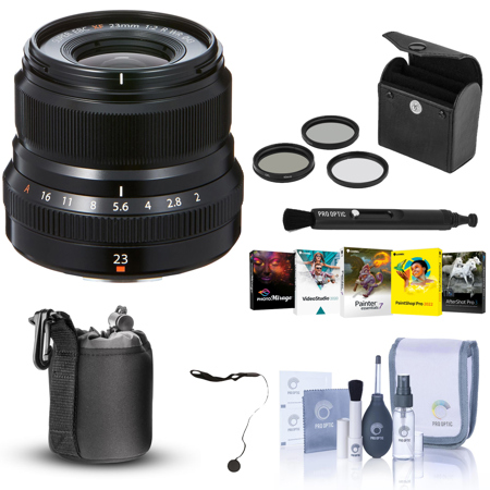 Fujifilm XF 23mm (35mm) F/2R WR Lens, Black - Bundle With 43mm Filter Kit, Lens Case, Cleaning Kit, Capleash, Lens Cleaner, Pc Sofrtware Package
