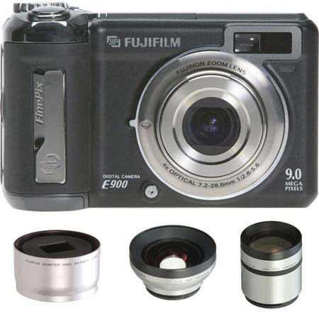 Fujifilm FinePix E900 Digital Camera, 9.0 Megapixel, 4x Optical Zoom, 7.6x Digital Zoom, and 2.0" LCD Screen, Wide Angle Lens, Telephoto Lens, Lens Adapter Ring