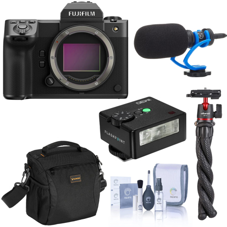 Fujifilm GFX 100 II Medium Format Mirrorless Camera, Bundle with TASC300 Condenser Shotgun Microphone, MT-11 Octopus Tripod, iM30 Mini Flash, Shoulder Bag and Cleaning Kit