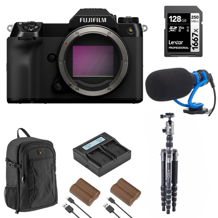 Fujifilm GFX 100S II Medium Format Mirrorless Camera, Black, Bundle with Microphone, Tripod/Monopod, 128GB Memory Card, Dual Charger and 2x Battery