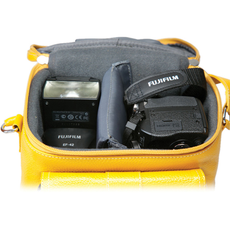 Fujifilm Leather Textured Train Case, Mustard Yellow with White Stitching