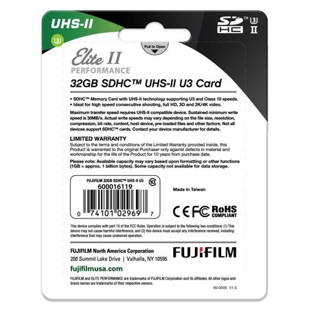 Fujifilm 32GB UHS-II Elite II Performance U3 SDHC Card, 285MB Transfer Speed
