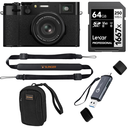 Fujifilm X100VI Digital Camera, Black, Bundle with 64GB UHS-II SDXC Memory Card, Sling Strap, OTG Card Reader and Alpine 2 Camera Bag
