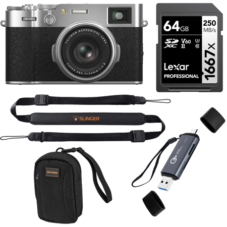 Fujifilm X100VI Digital Camera, Silver, Bundle with 64GB UHS-II SDXC Memory Card, Sling Strap, OTG Card Reader and Alpine 2 Camera Bag
