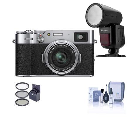 Fujifilm X100V Digital Camera, Silver - With FP Zoom Li-on X R2 TTL Round Flash