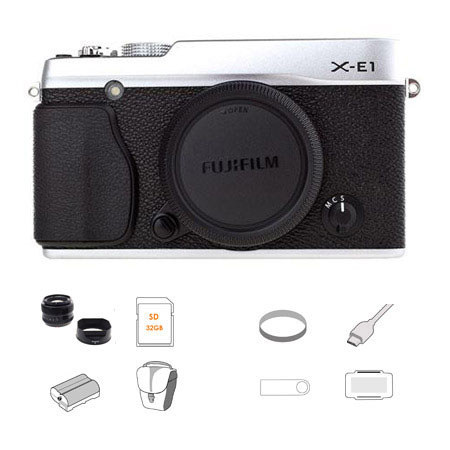 Fujifilm X-E1 Camera Body, Silver, Bundle w/Fujifilm XF 35mm F/1.4 Lens