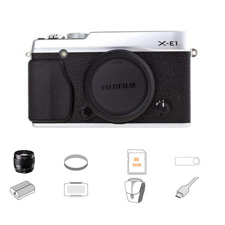 Fujifilm X-E1 Mirrorless Digital Camera Body, Silver,Bundle w/Fujifilm XF 23mm F/1.4 & Acc.