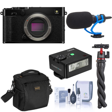 Fujifilm X-E5 Mirrorless Camera, Black, Bundle with TASC300 Microphone, MT-11 Tripod, iM30 Mini Flash, Shoulder Bag and Cleaning Kit