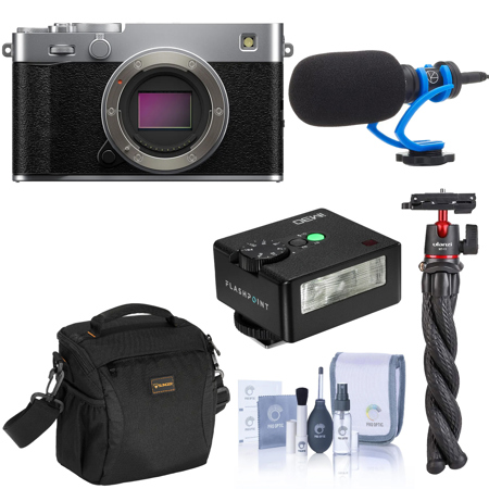 Fujifilm X-E5 Mirrorless Camera, Silver, Bundle with TASC300 Microphone, MT-11 Tripod, iM30 Mini Flash, Shoulder Bag and Cleaning Kit