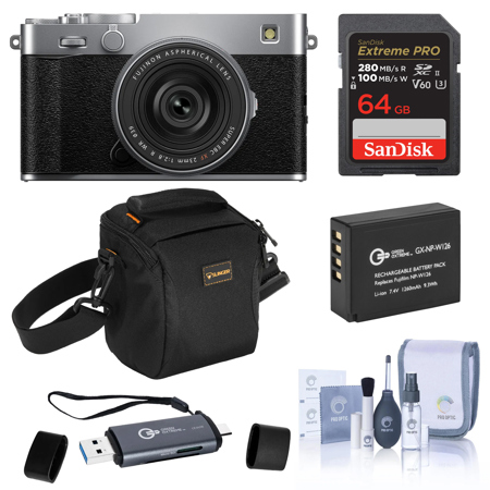 Fujifilm X-E5 Mirrorless Camera with XF 23mm f/2.8 R WR Lens, Silver, Bundle with 64GB Extreme PRO SDXC Memory Card, Shoulder Bag, Extra Battery, OTG Card Reader and Cleaning Kit