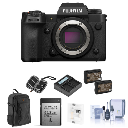 Fujifilm X-H2 Mirrorless Digital Camera Body, Black Bundle with 512GB CFexpress Card, 2x Extra Battery, Charger, Backpack, Screen Protector, SD Card Case, Cleaning Kit