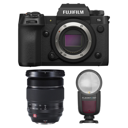Fujifilm X-H2S Mirrorless Camera with XF 16-55mm f/2.8 R LM WR Lens, Black, Bundle with Zoom Li-on X R2 TTL Round Flash Speedlight