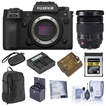 Fujifilm X-H2S Mirrorless Camera with XF 16-55mm f/2.8 R LM WR Lens, Black, Bundle with 512GB CFexpress 4.0 Memory Card, 2x Extra Battery, Dual Smart Charger , 2x Smart Charger Plate, Backpack, 77mm Filter Kit