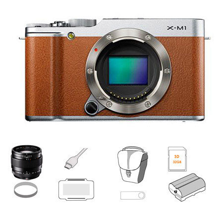 Fujifilm X-M1 Mirrorless Digital Camera Body, Brown, Bundle w/Fujifilm XF 23mm F1.4 R Lens