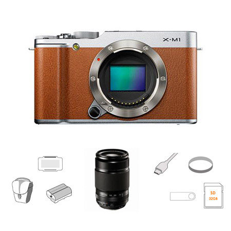 Fujifilm X-M1 Mirrorless Digital Camera Body, Brown, Bundle w/Fujifilm XF 55-200mm /Access.