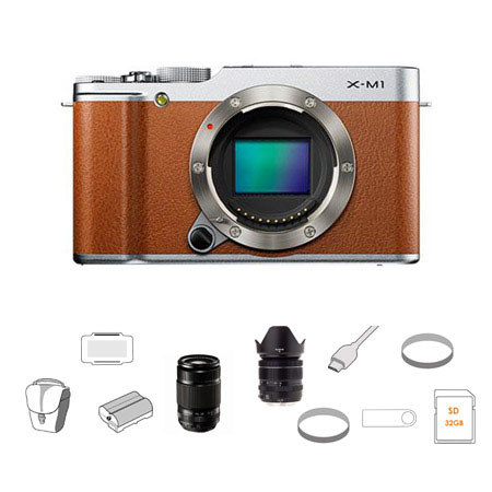 Fujifilm X-M1 Mirrorless Digital Camera Body,Brown Bundle w/XF 18-55mm/XF 55-200mm & Access