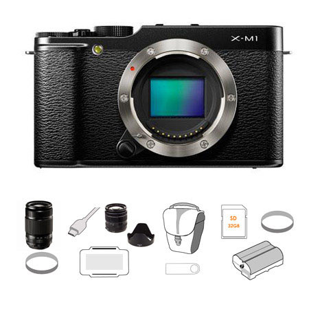 Fujifilm X-M1 Mirrorless Digital Camera Body,Black Bundle w/XF 18-55mm/XF 55-200mm & Access