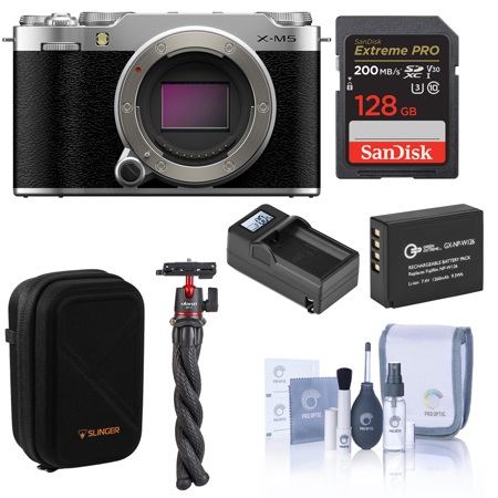 Fujifilm X-M5 Mirrorless Camera, Silver, Bundle with 128GB Memory Card, Extra Battery, Tripod with Ball Head