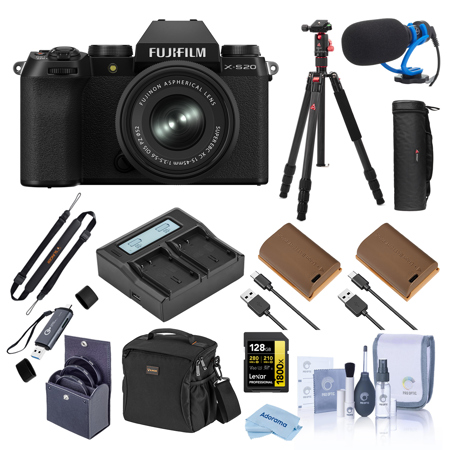 Fujifilm X-S20 Mirrorless Camera with XC 15-45mm f/3.5-5.6 OIS PZ Lens, Black, Bundle with 2x Battery, Tripod, Shotgun Microphone, 52mm Filter Kit and Backpack