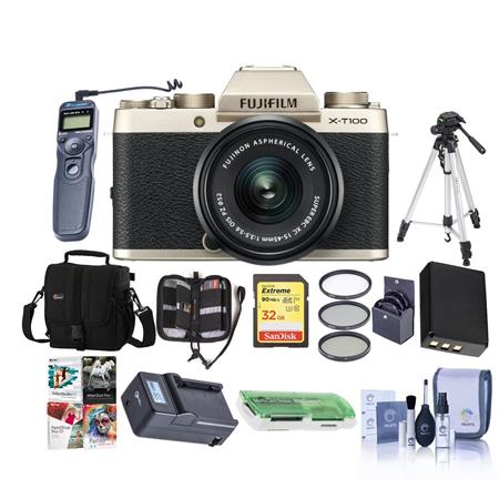 Fujifilm X-T100 Mirrorless Digital Camera, Gold with XC15-45mmF3.5-5.6 OIS  PZ Lens - Bundle With Camera Case, 32GB SDHC Card, Spare Battery, Tripod, 