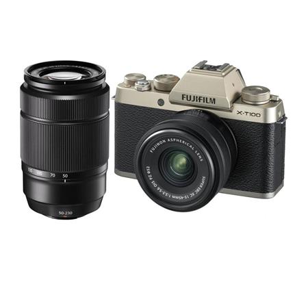 Fujifilm X-T100 Mirrorless Camera, Gold w/XC15-45mm PZ OIS / XC 50