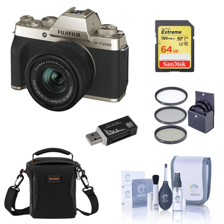 Fujifilm X-T200 with FUJ XC 15-45MM F/3.5-5.6 Lens,Champagne Gold W/Free Acc Kit