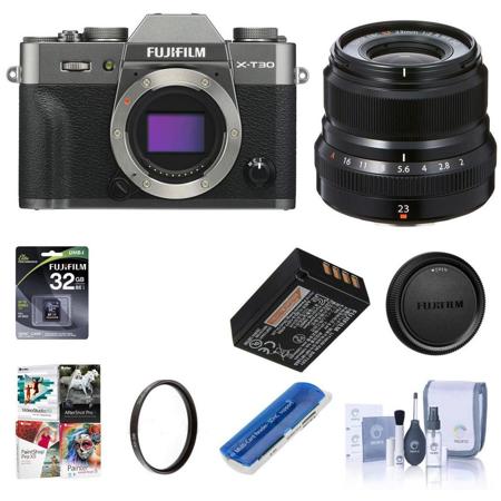 Fujifilm X-T30 Mirrorless Digital Camera Charcoal Silver With Fujifilm XF  23mm (35mm) F/2R WR Lens, Black Bundle With 32GB SDHC Card, 43mm UV