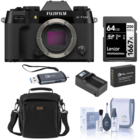 Fujifilm X-T50 Mirrorless Camera Black, Bundle with Memory Card & Card Reader, Shoulder Bag, Spare Battery with Charger, Includes Cleaning Kit