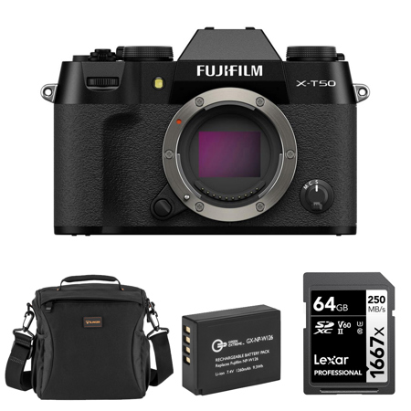 Fujifilm X-T50 Mirrorless Camera, Black, Bundle with Li-Ion Battery, 64GB SDXC Memory Card and Shoulder Bag