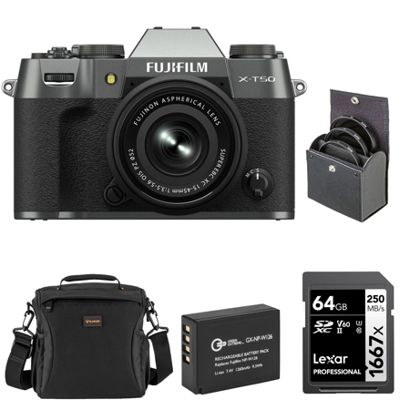 Fujifilm X-T50 Camera with 15-45mm Lens, Charcoal Silver, with Included Value