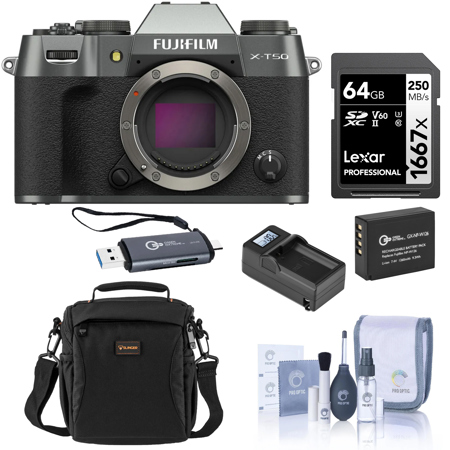 Fujifilm X-T50 Mirrorless Camera Charcoal Silver, Bundle with Memory Card & Reader, Shoulder Bag, Spare Battery with Charger, Includes Cleaning Kit