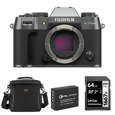 Fujifilm X-T50 Mirrorless Camera, Charcoal Silver, Bundle with Li-Ion Battery, 64GB SDXC Memory Card and Shoulder Bag