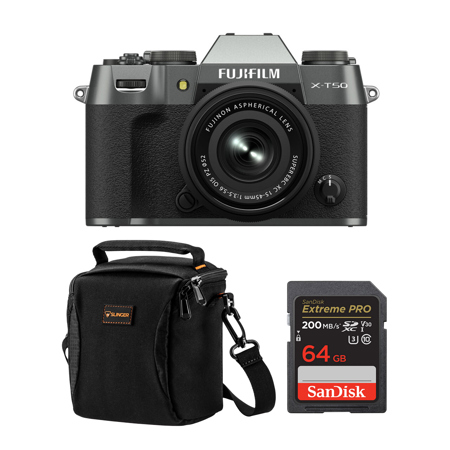 Fujifilm X-T50 Camera, Charcoal w/XC 15-45mm f/3.5-5.6 PZ Lens & Included Value