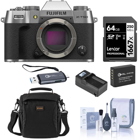 Fujifilm X-T50 Mirrorless Camera Silver, Bundle with Memory Card & Card Reader, Shoulder Bag, Spare Battery with Charger, Includes Cleaning Kit