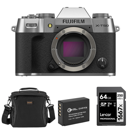 Fujifilm X-T50 Mirrorless Camera, Silver, Bundle with Li-Ion Battery, 64GB SDXC Memory Card and Shoulder Bag