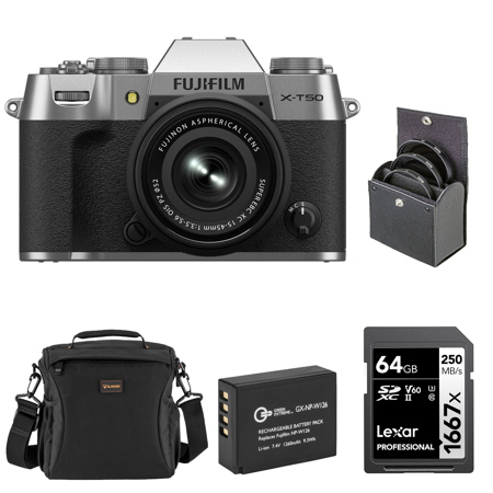 Fujifilm X-T50 Mirrorless Camera with XC 15-45mm f/3.5-5.6 OIS PZ Lens, Silver, Bundle with Li-Ion Battery, 64GB SDXC Memory Card and 52mm Filter Kit