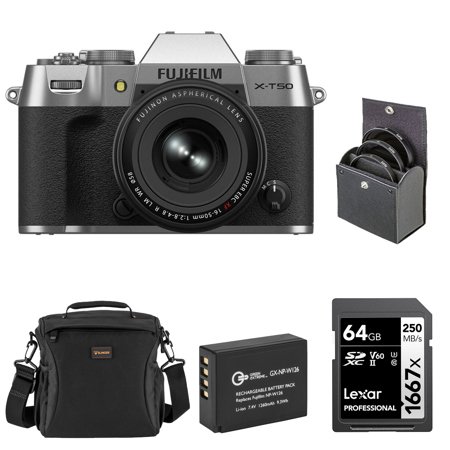 Fujifilm X-T50 Mirrorless Camera with XF 16-50mm f/2.8-4.8 R LM WR Lens, Silver, Bundle with Li-Ion Battery, 64GB SDXC Memory Card and 58mm Filter Kit