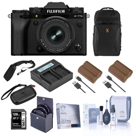 Fujifilm X-T5 Mirrorless Camera, Black with XF 16-50mm f/2.8-4.8 R LM WR Lens, Bundle with 128GB Memory Card, Backpack, 2x Battery, Smart Charger, 2x Charger Plate, 72mm Filter Kit