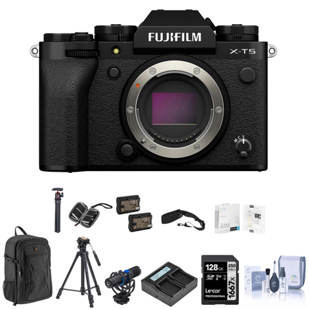 Fujifilm X-T5 Mirrorless Digital Camera Body, Black Bundle with 128GB SD Card, Backpack, 2x Battery, Charger, Strap, Aluminum Tripod, Mic, Octupus Tripod, Screen Protector, SD Card Case, Cleaning Kit