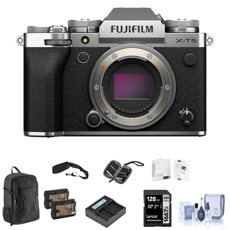 Fujifilm X-T5 Mirrorless Camera, Silver Bundle with 128GB SD Card, Backpack, 2x Battery, Charger, Screen Protector, Camera Strap, SD Card Case, Cleaning Kit