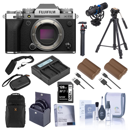 Fujifilm X-T5 Mirrorless Camera, Silver with XF 16-50mm f/2.8-4.8 R LM WR Lens, Bundle with 128GB SD Card, Backpack, 2x Battery, Smart Charger, Charger Plate, Tripod, Mic, 72mm Filter Kit