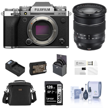 Fujifilm X-T5 Mirrorless Camera, Silver with XF 16-80mm f/4.0 R OIS WR Lens, 128GB SD Card, Shoulder Bag, Extra Battery, Charger, 72mm Filter Kit, Screen Protector, Cleaning Kit