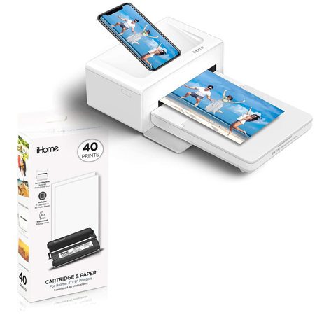 iHome Photo Printer with Smartphone Dock, White with 4x6" Ink, Paper Cartridge