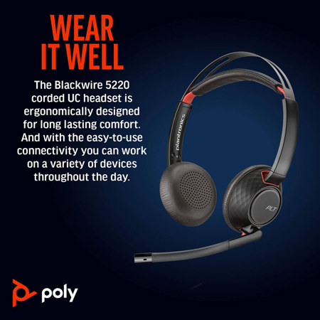 HP Poly Blackwire 5220 USB-C Wired Stereo Headset, Black 8X231AA