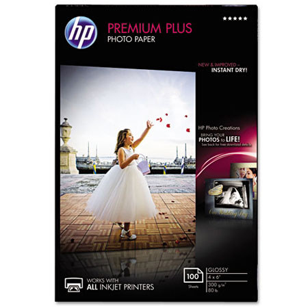 HP Premium Plus Glossy Photo Inkjet Paper, 4x6", 100 Sheets, 11.5 mil
