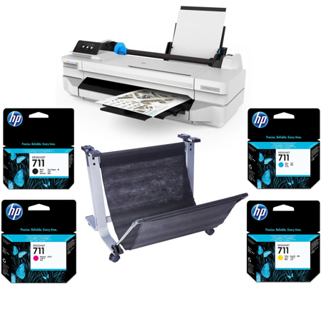 HP DesignJet T125 Plotter Printer 24" w/Mobile Printing With Stand & Ink Bundle